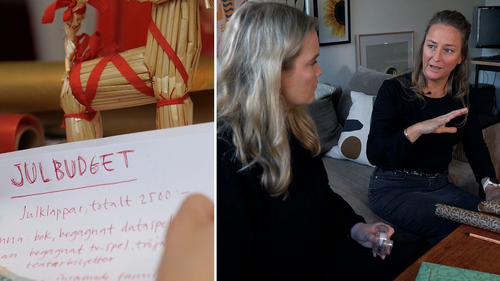 En splitbild. En bilden är på en anteckningsblock där det står ”Julbudget”. På den andra bilden syns reporter Johanna Waak och sparcoachen Mathilda Vernersson