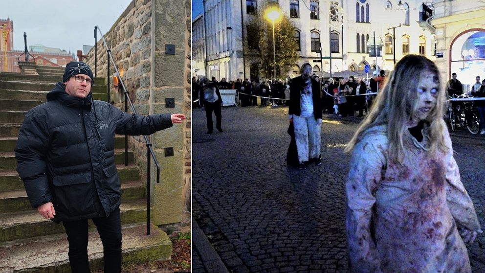 En man står i svart jacka uppe på stadsmuren i Kalmar, höger bild är två personer utklädda till zombies som går längs en avspärrad gata i Örebro