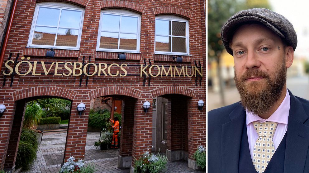 Stadshuset i Sölvesborg samt bild på SD:s Fredrik Thomasson.