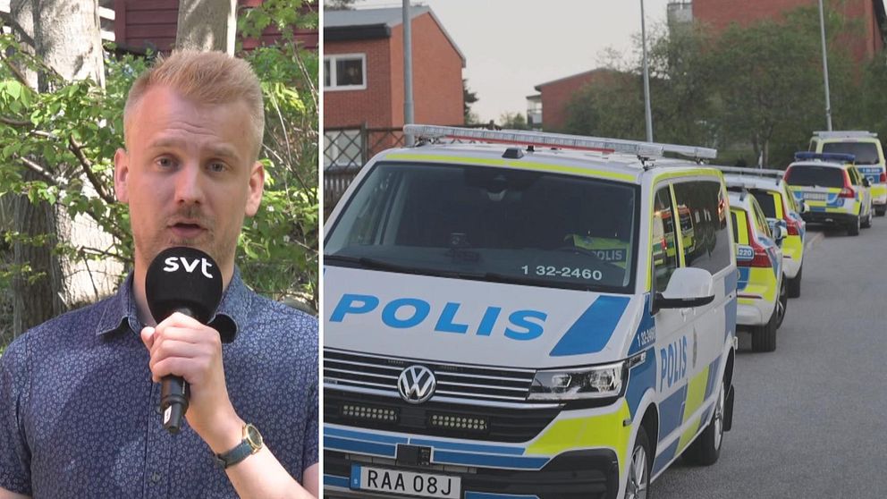 Reporter Simon Lundvall. Polisbilar.