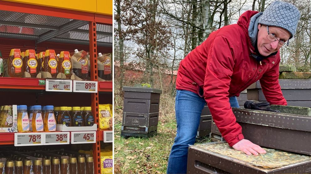 Honungshylla i butik och Yngve Kihlberg som öppnar en av sina bikupor