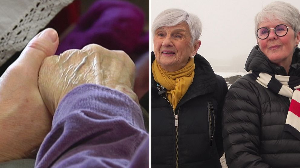 två personer håller hand, två äldre kvinnor på andra bilden som pratar