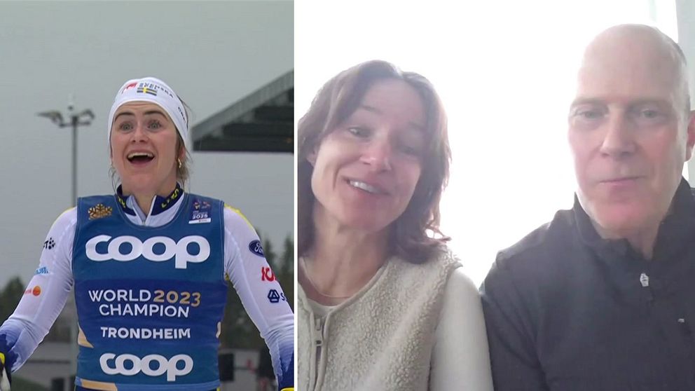 Ebba Andersson efter VM-guldet till vänster. Föräldrarna Åsa Lundmark och Per-Ola Andersson till höger.