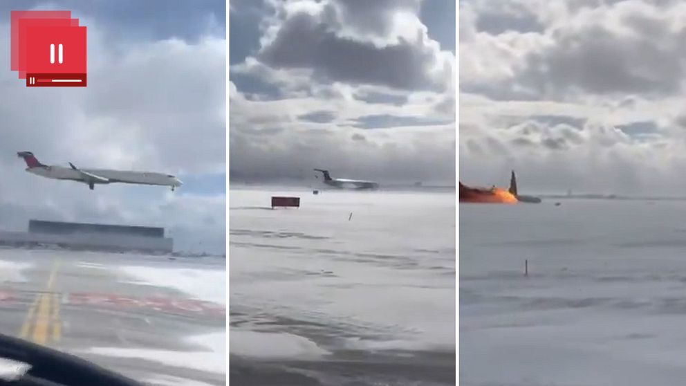 Tredelad bild. Vänster: Flygplan landar. Mitten: Flygplan rullar. Höger: Flygplan med låga vid vingarna.
