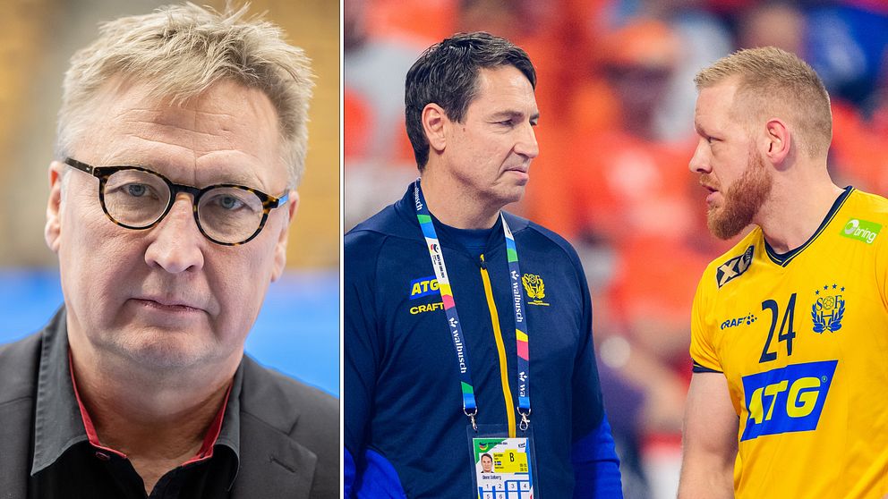 SVT:s expert Magnus Grahn till vänster och till höger handbollsförbundskapten Glenn Solberg och spelaren Jim Gottfridsson