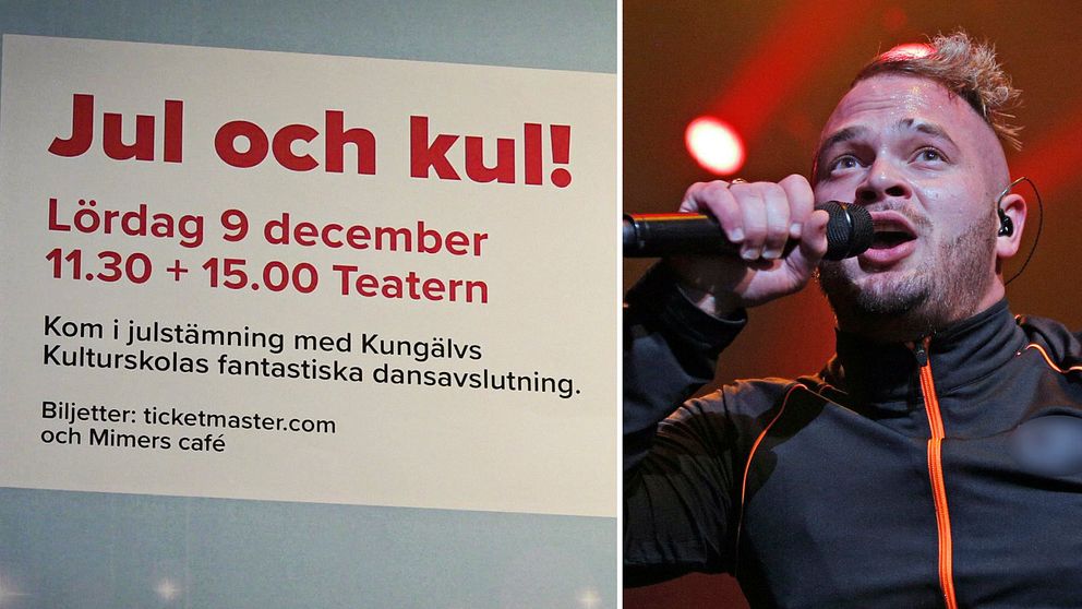 Rapparen Jul under ett framträdande med mikrofonen i ena handen. Till vänster en bild på skylten till föreställningen Jul och kul!