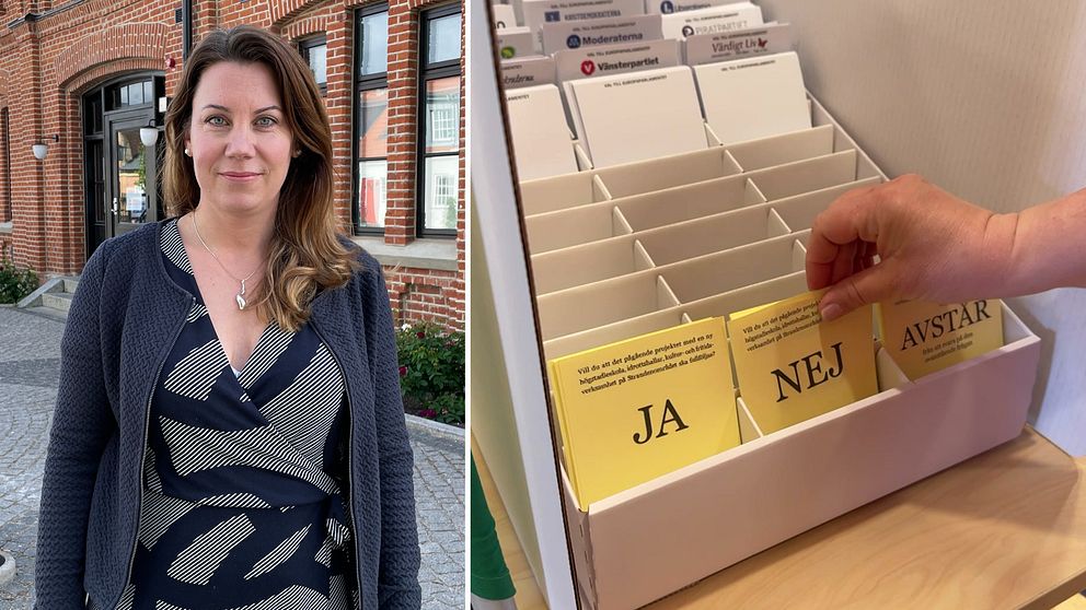 Initiativtagaren Madeleine Loostrand till höger och valblanketterna i folkomröstningen i Lomma till höger.