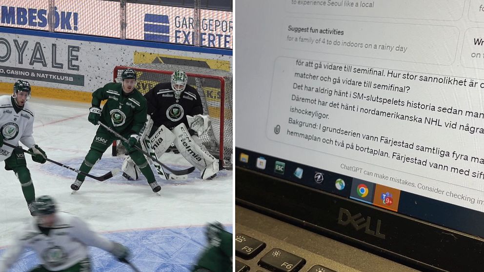 Hockey och en datorskärm med text från en AI
