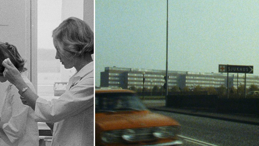 Svartvit bild på sjuksköterskor och Hallands sjukhus Varberg 1976.