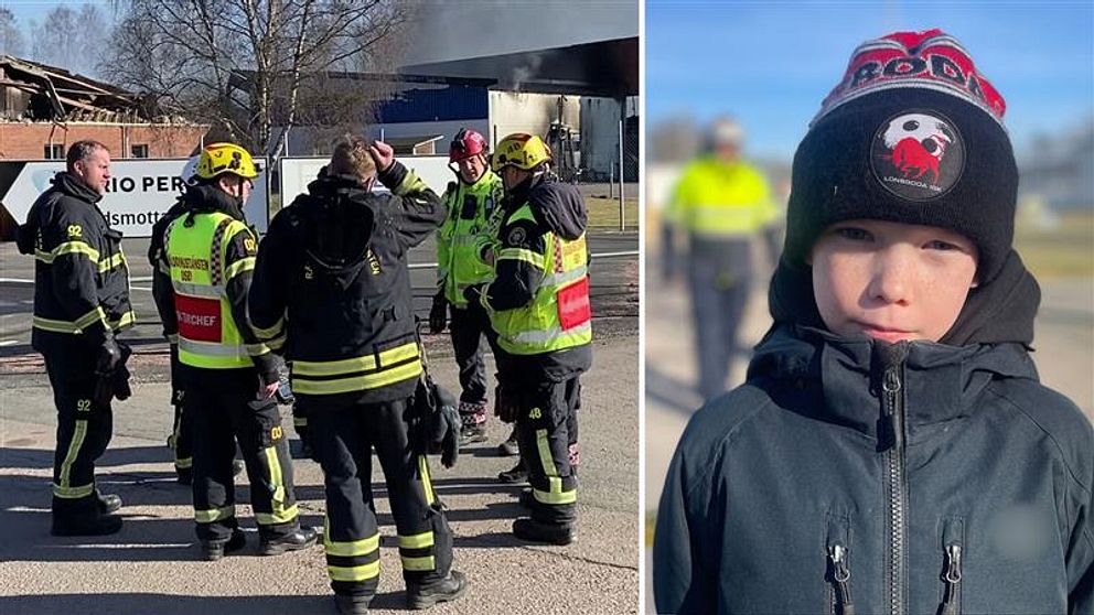 Delad bild. Vänster: Brandmän samlas utanför en byggnad. Höger: Person med mössa i förgrunden.