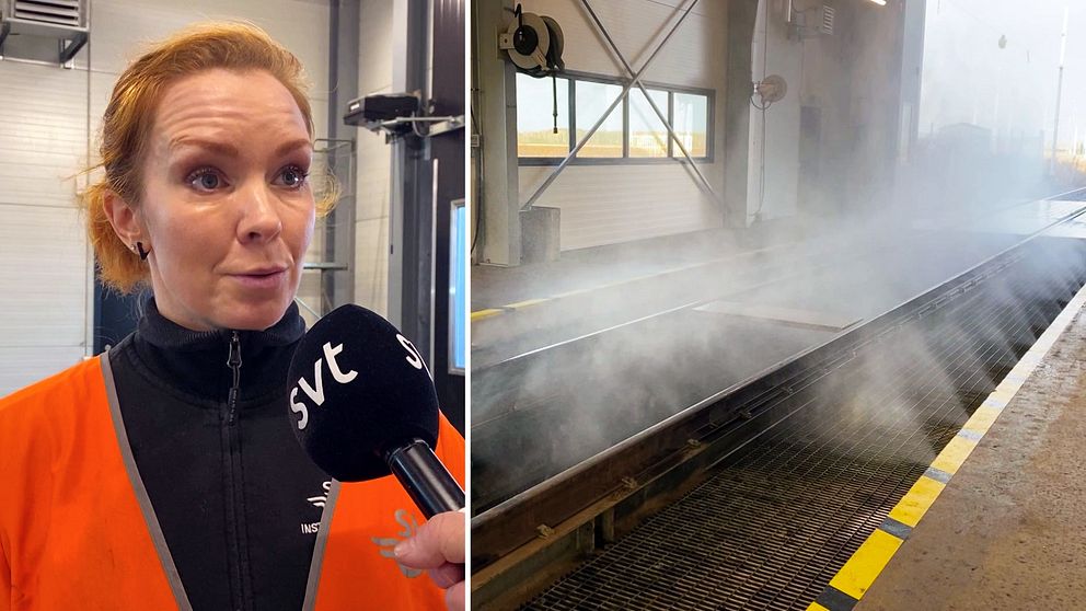 En delad bild som visar två sektioner. Den vänstra sektionen visar en kvinna med rött hår, klädd i en orange reflexväst, som blir intervjuad av SVT. Till höger syns en ångande plattform inomhus med metallnät och gulsvarta linjer på golvet.