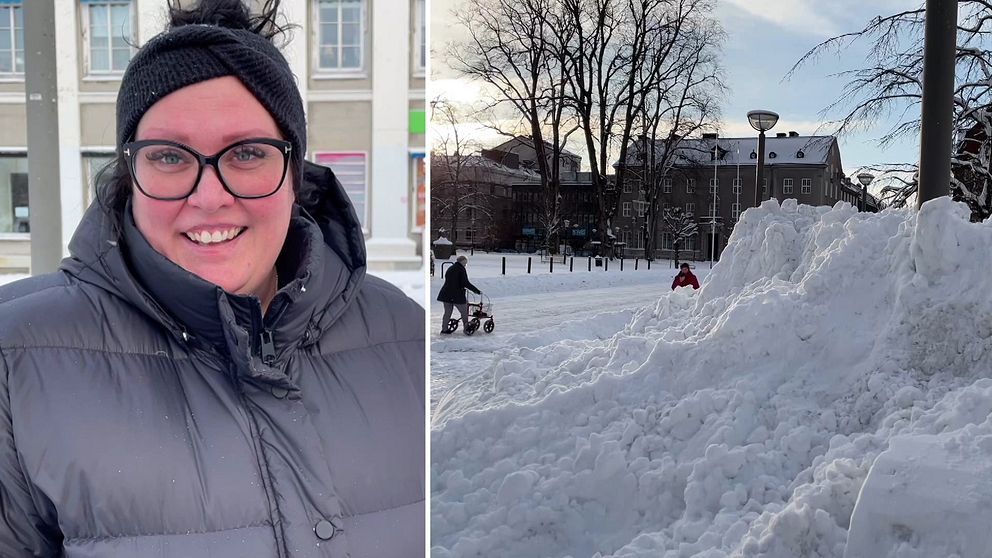 Kvinna i vinterjacka och stor snöhög
