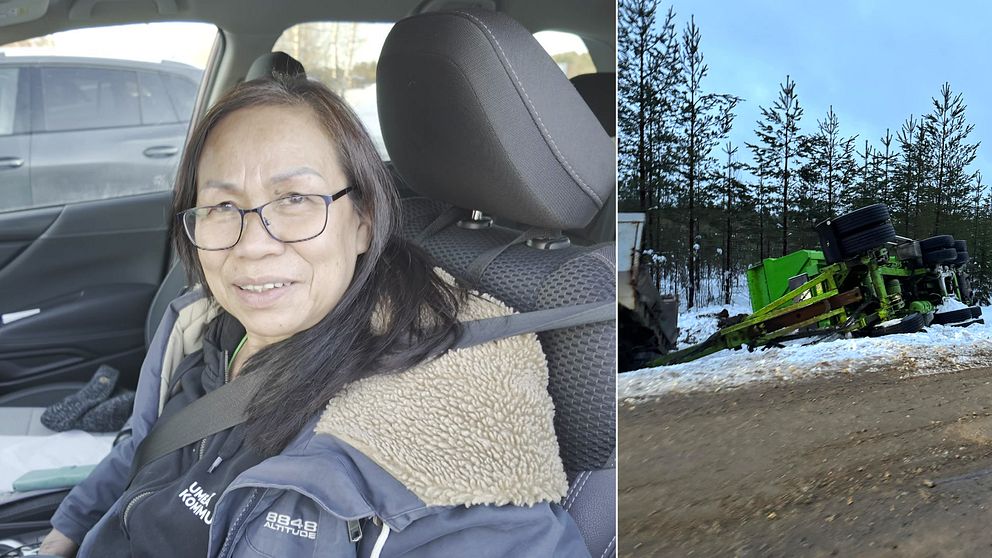 En delad bild som visar två scener: till vänster en person i bilen, klädd i en svart jacka, och till höger en välte fordon i en snöig skogsmiljö med träd i bakgrunden.