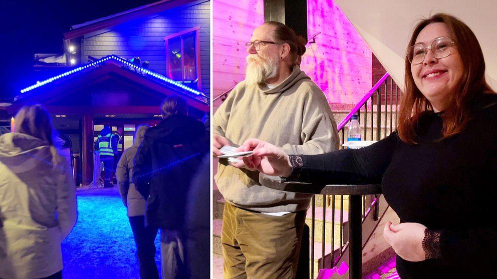 Delad bild – till vänster är det ett gäng personer som ska gå in på en nattklubb i Sälen, till höger står två personer och delar ut kondomer inne på nattklubben.