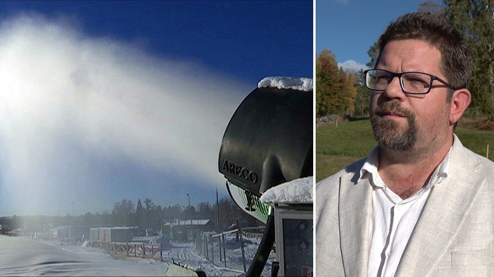 En delad bild som visar två sektioner. Den vänstra sektionen visar en snökanon som sprutar snö i ett vintrigt landskap med en klar blå himmel. Den högra sektionen visar en man klädd i en ljus kavaj som står i en grönskande miljö under en klar himmel med träd i bakgrunden.