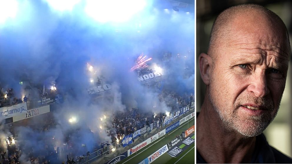 Vänstra sektionen visar en stor folkmassa på en fotbollsmatch med rök och fyrverkerier som fyller luften, medan den högra sektionen visar en man med otydlig ansiktsbild.