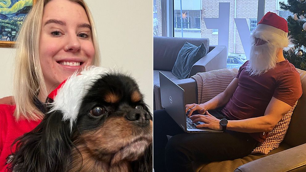 Till vänster syns en kvinna med en hund med jultomtemössa, båda ler mot kameran. Till höger sitter en man klädd i en tomtedräkt och skriver på en bärbar dator i en soffa, omgiven av juldekorationer.