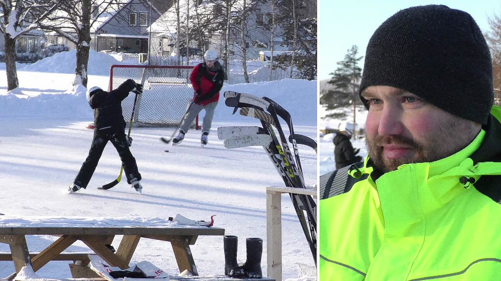 Vänster: två ungdomar åker skridskor med varsin hockeyklubba på utomhusis. Höger: man i gul varseljacka med svart mössa på huvudet.