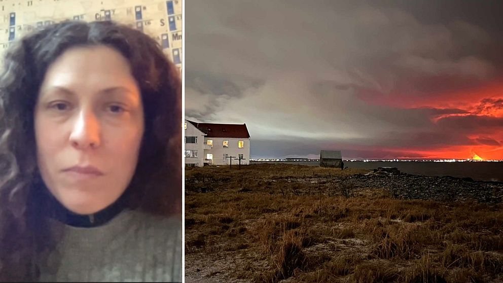 Kvinna med långt brunt hår som tittar in i kameran. Hus som står öde, till höger syns ett orange sken i molnen till följd av vulkanutbrott på Island.