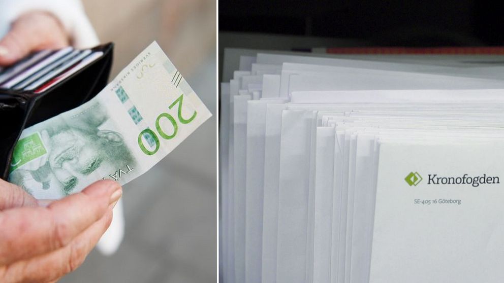 Tvådelad bild. Vänster: hand håller en plånbok och 200 SEK. Höger: brev från Kronofogden.