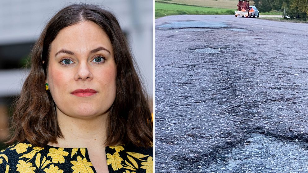 Till vänster Felicia Danielsson, presskommunikatör på Trafikverket och till höger en vägskada i asfalten.