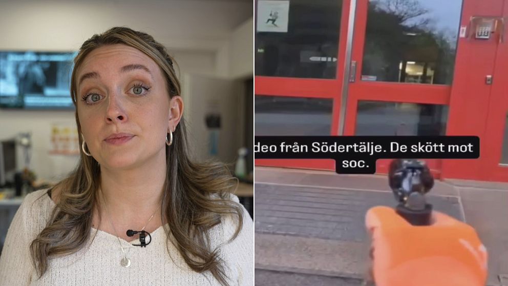 Delad bild. Vänster: person i inomhusmiljö. Höger: pistol riktas mot en entrédörr med röd ram.