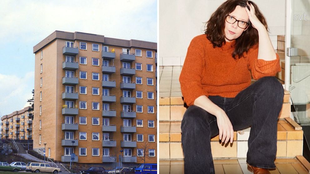Höghus i Rinkeby till vänster. Författaren Elise Karlsson i en annan bild till höger. Orange tröja har hon på sig och sitter i en trappuppgång.