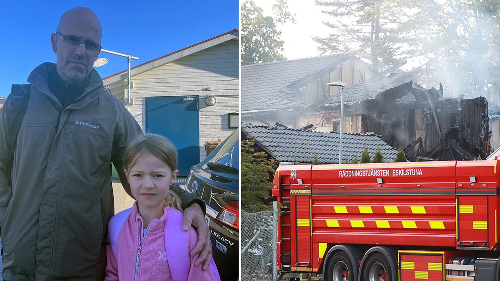 En pappa och ett barn utanför en radhuslänga i stadsdelen Flacksta i Eskilstuna efter en brand. Till höger bild på brandbil och del av brinnande radhuslänga.