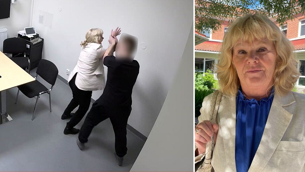Polisens förundersökning med bild från arresten. Till höger Lena Isaksson i i ljus kavaj utanför tingsrätten i Umeå.