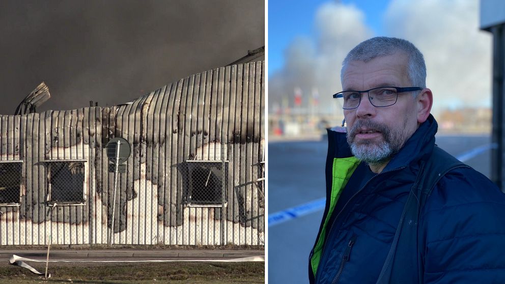 Michael Ulfner arbetar som servicetekniker och hämtar material från den brandhärjade byggnaden.