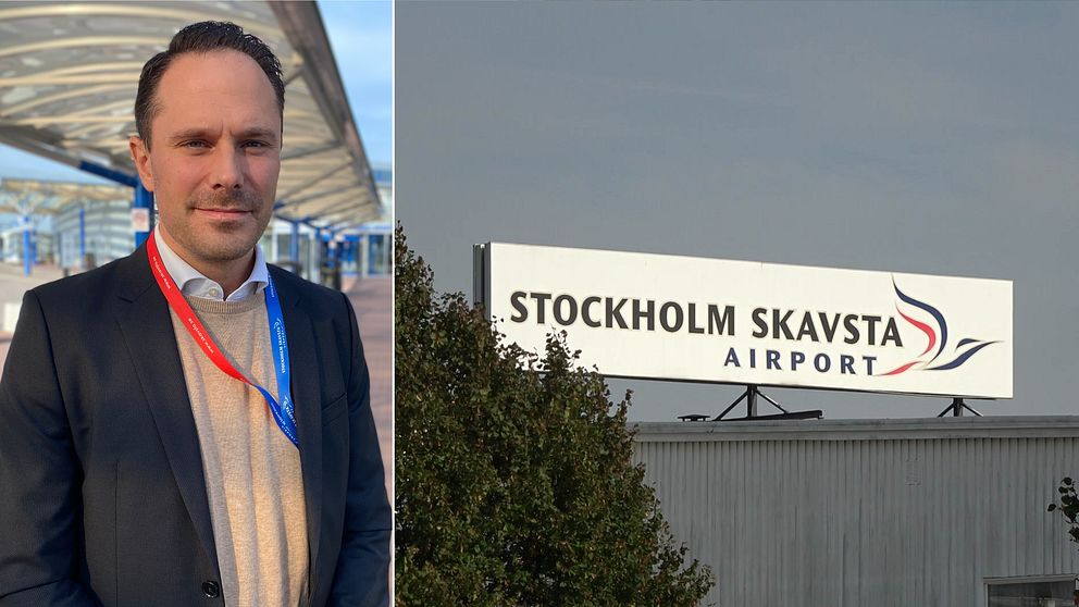 Det är två bilder. På vänstra bilden är Jesper Fredmark och på den högra bilden är det en skylt där det står ”Stockholm Skavsta airport”