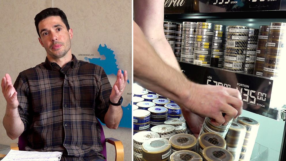Bilden är ett montage av två bilder. Till vänster gör en man rörelser med händerna och till höger plockar man snus.