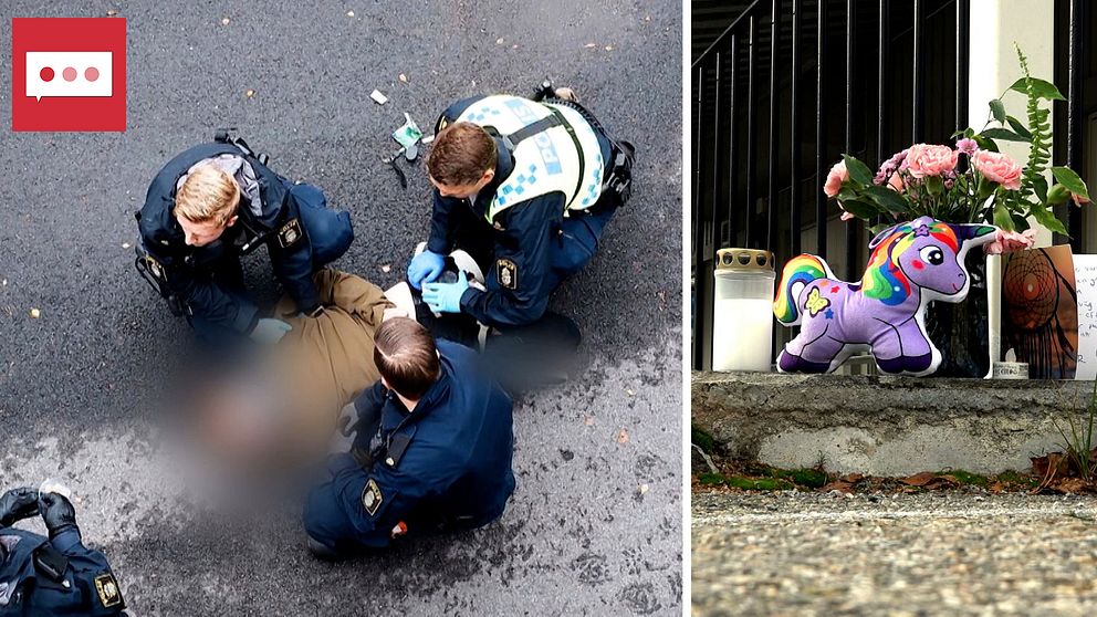 Mannen ligger på asfalten omringad av poliser. Till höger en bild på blommor och ett gosedjur