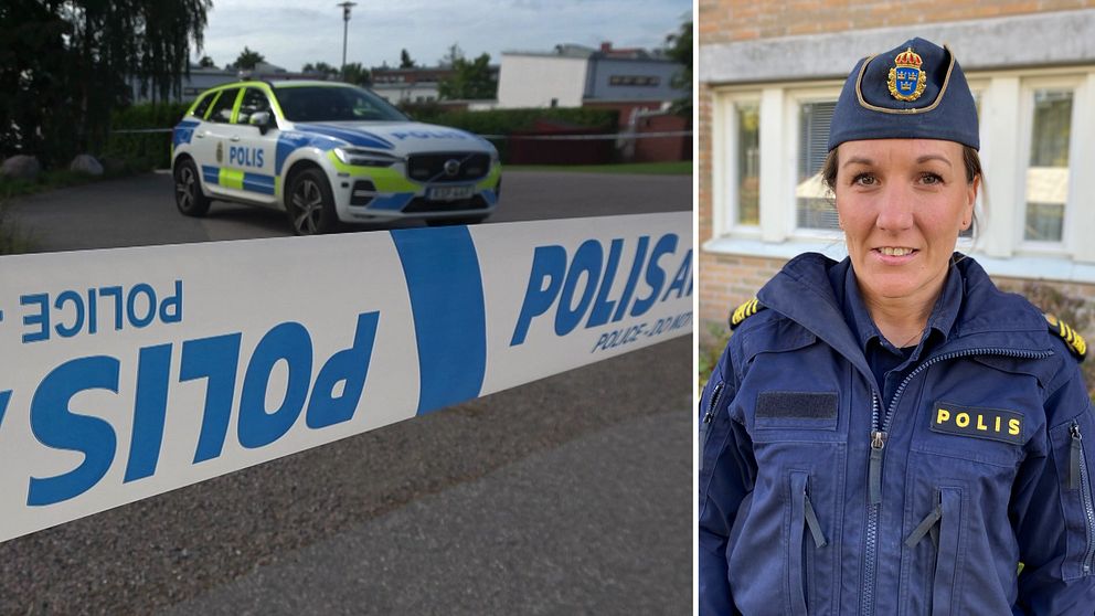 Det är två bilder. Den till vänster är på en polisavspärrning. I bakgrunden står en polisbil. Den till häger är en bild på tillförordnad lokalpolisområdeschef i Nyköping Lisa Nilsson.
