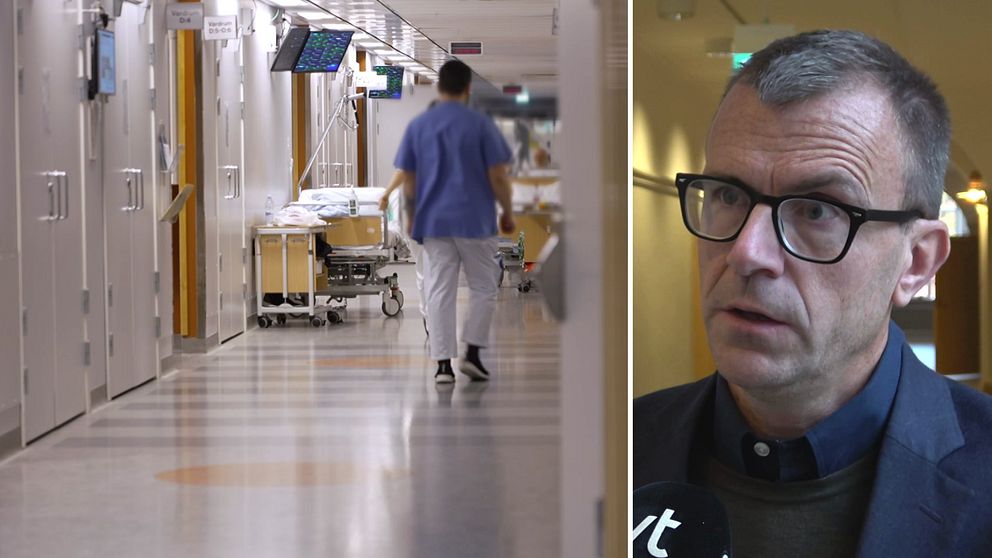 Det är två bilder i en. På den vänstra sidan är det en bild på en sjukhuskorridor där vårdpersonal går. På bilden till höger är det hälso- och sjukvårdsdirektören Magnus Johansson som pratar i en mikrofon.