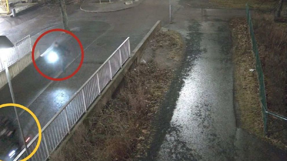 Suddig nattbild med röd och gul cirkel markerande otydliga objekt på gata.