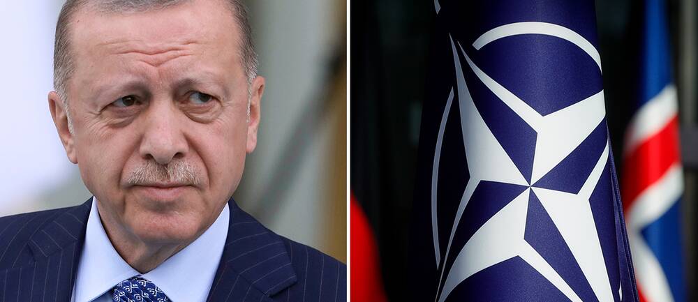 Turkiets president Recep Tayyip Erdogan / Militäralliansen Natos flagga.