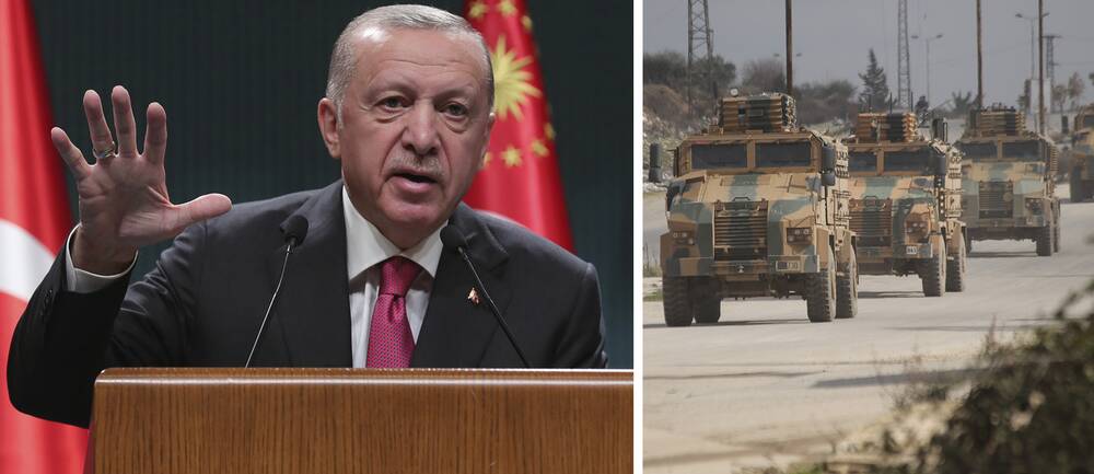 Turkiets president Recep Tayyip Erdogan bredvid bild på turkiska militärbilar i Syrien från 2020.