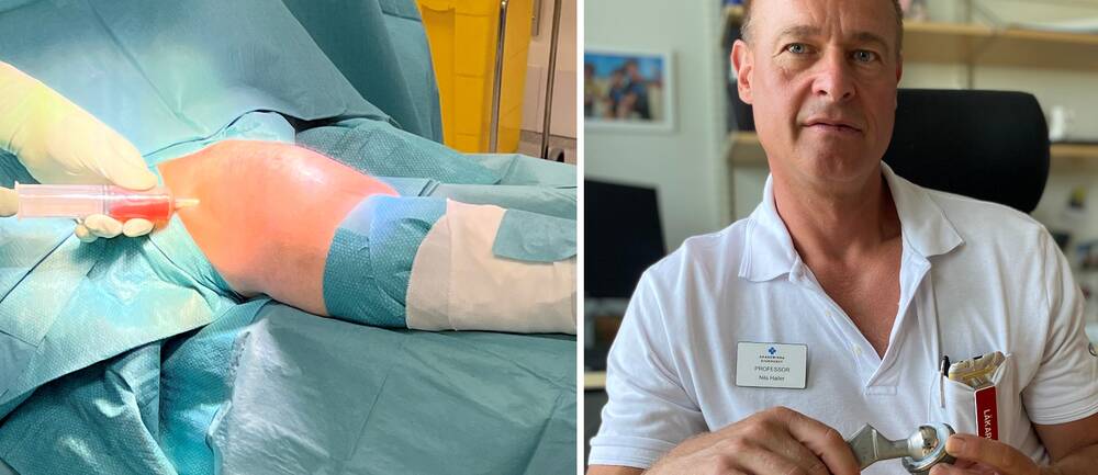 Till vänster ett knä på ett operationsbord samt en spruta, till höger läkaren Nils Hailer.