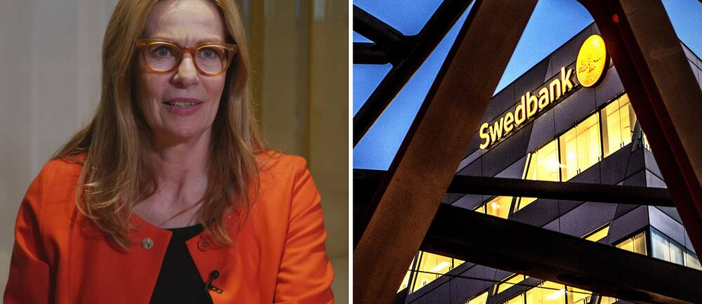 Swedbanks förra vd Birgitte Bonnesen har bland annat åtalats för grovt svindleri och ska ställas inför rätta under tisdagen. Bild på henne från intervju bredvid en genrebild på fasaden till ett Swedbank-hus.