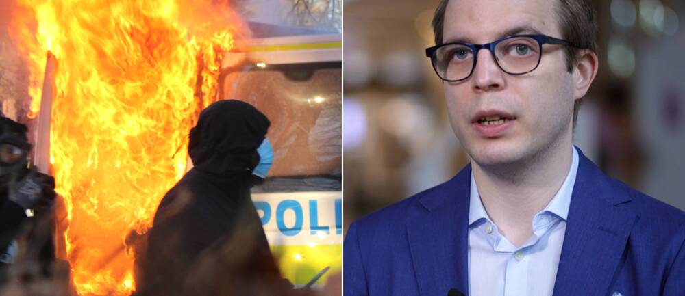 Delad bild: Brinnande polisbuss i Sveaparken 15 april 2022, med siluetter av maskerade personer framför. Dennis Martinsson, doktor i straffrätt vid Stockholms universitet.