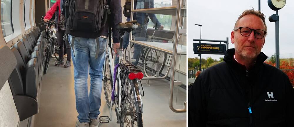 Delad bild, Peter Gyllander, presschef på Hallandstrafiken på en tågperrong, och någon som står med sin cykel inne i en cykelvagn