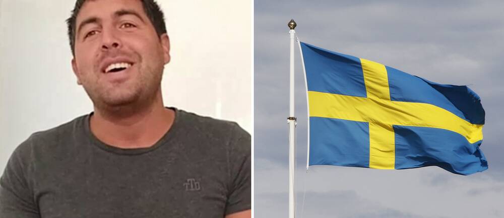 Hör nederländska Wouter Corduwener prata svenska efter endast två månader av övning. Bild på honom bredvid arkivbild på Sveriges flagga.