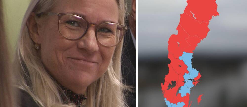 Bild på kvinna bredvid en karta över Sverige. Kvinnan heter Åsa Johansson och har tagit över ordförande klubban från Moderaterna i regionstyrelsen i Värmland.