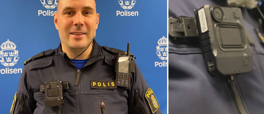 Montage: Bild på Christian Hald i polisuniform. Till höger en bild på kroppskameran som Christian satt på sitt högra bröst.