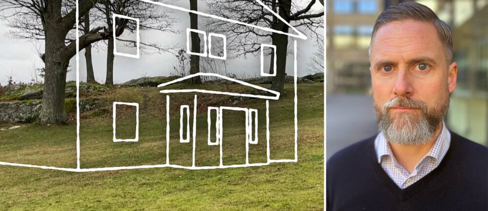 En gräsplätt med ett ritat hus, delad bild med en man (kammaråklagare Martin Svensson)