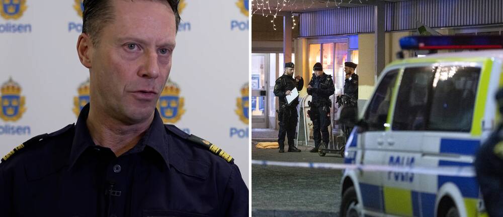 Till vänster en bild på Max Åkerwall på Stockholmspolisen. Till höger en bild på polisavspärrningar i Skogås.