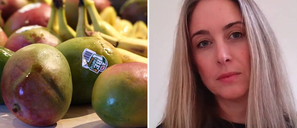 Till vänster: genrebild på frukt. Till höger: Elin Ramfalk på Cancerfonden, kvinna med långt gråsilverfärgat hår.