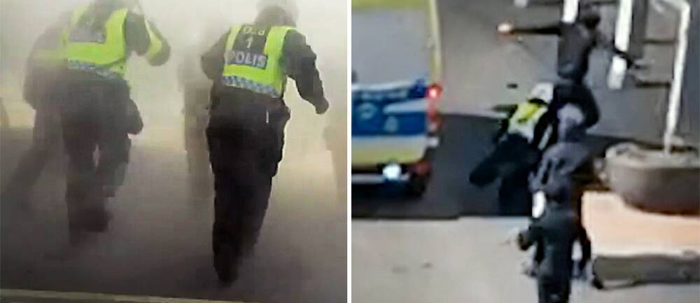 Bild på poliser som springer igenom ett rökmoln och en bild på en polis som sparkas i ryggen an en maskerad person