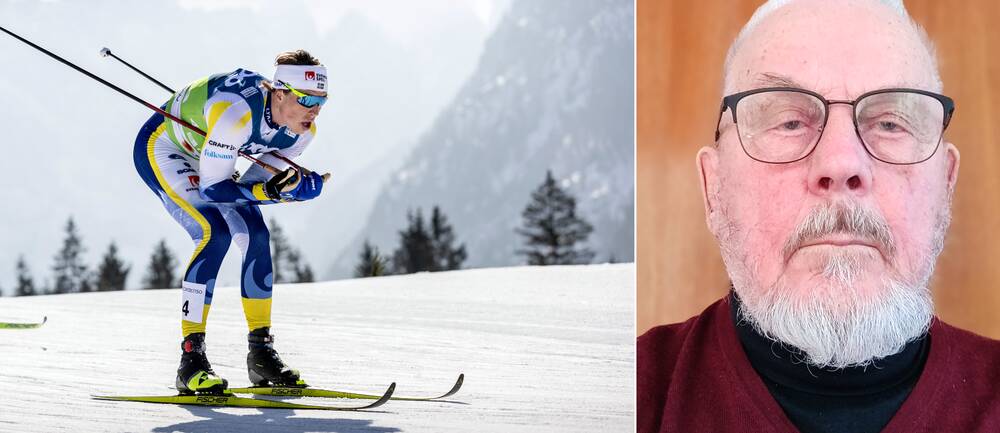 Vasemmalla William Poromaa osallistuu hiihdon MM-kisojen 50 kilometrin kilpailuun Planicassa Sloveniassa maaliskuussa 2023. Oikealla kuvassa sukututkimusta tehnyt Esko Orajärvi.